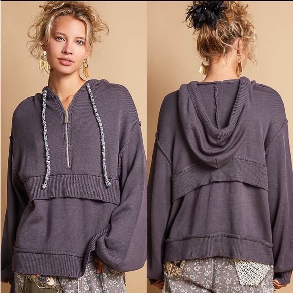 π POL Half Zip Hoodie - Relaxed Fit Pullover - Cotton Blend - Ghost Grey - Picture 10 of 11